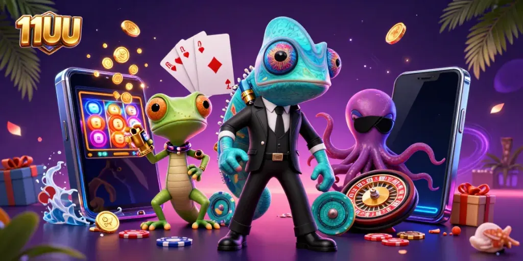 Spin to win with 11UU's ultra-detailed 3D casino illustration featuring vibrant gaming elements.
