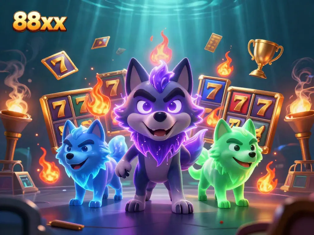 Experience the excitement of 88xx slots with a vibrant 3D cartoon scene featuring glowing wolves and jackpot elements.