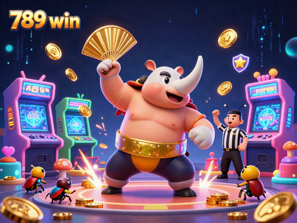 Engage with 789 win and experience thrilling gaming action amidst colorful arcade machines and dynamic characters.