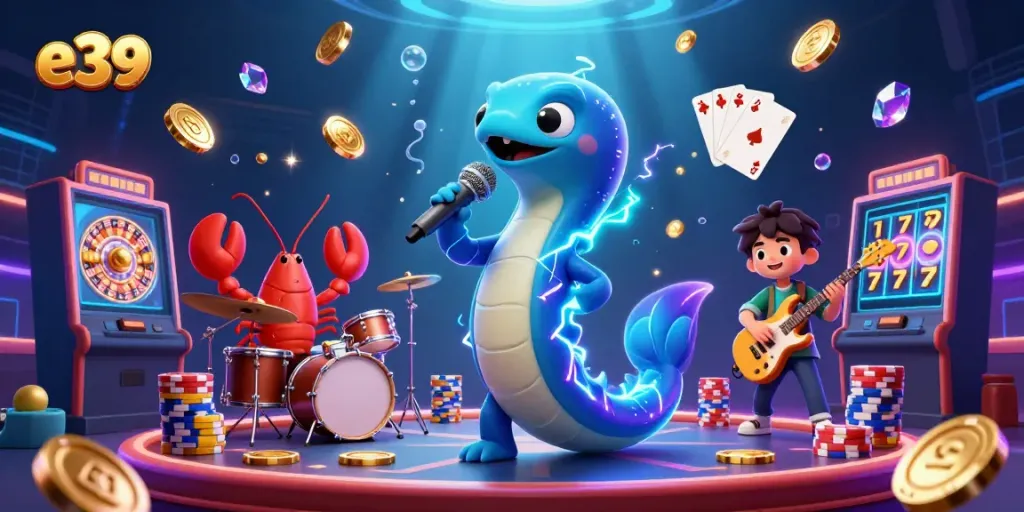 Experience the excitement of e39 underwater casino, showcasing an electric eel DJ and vibrant gaming elements.