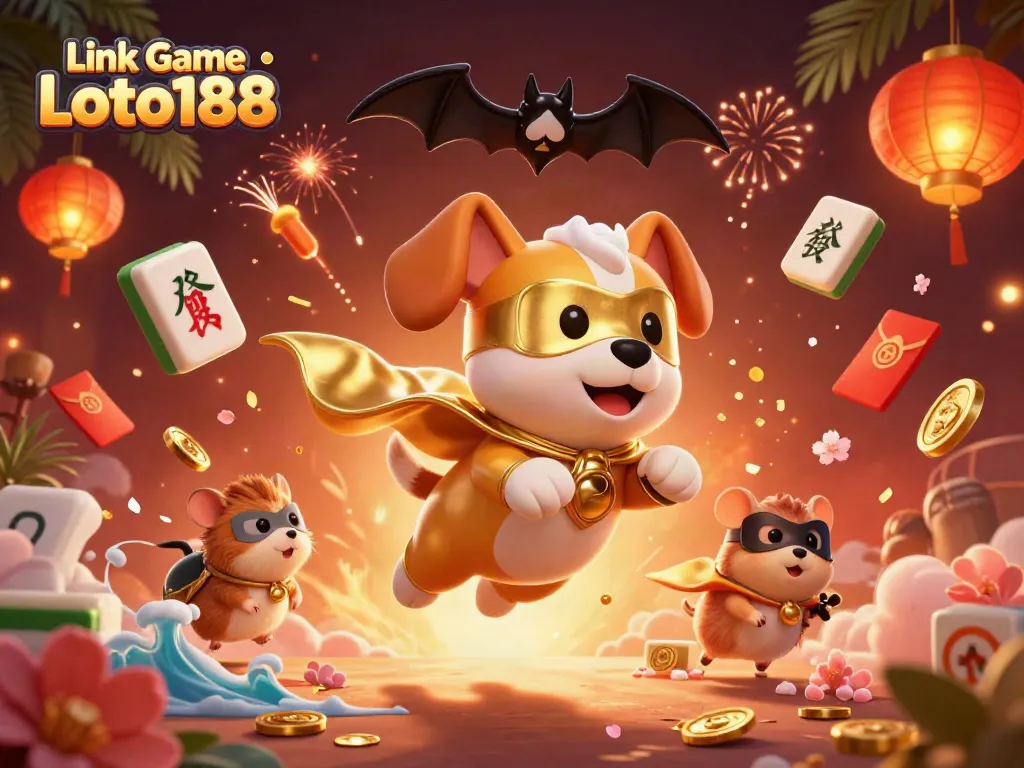Engage with Link Game Loto188 through fun gaming visuals featuring a superhero dog and dynamic casino elements.