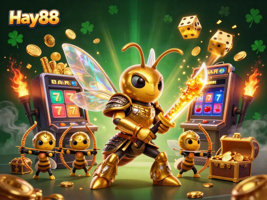 Experience the thrill of Hay88's vibrant casino scene with golden hornet warriors and jackpot elements.