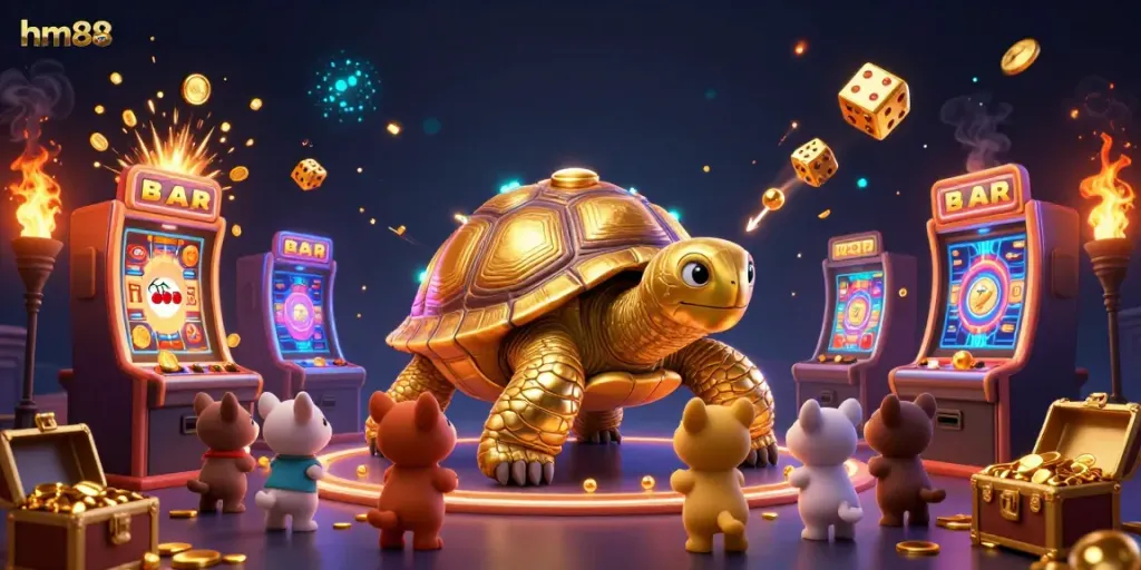 Experience the excitement of hm88 with a lively 3D casino scene featuring a golden tortoise and jackpot elements.