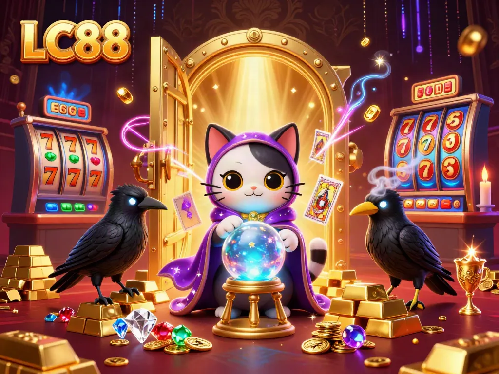 Experience the magic of LC88 with a vibrant casino scene featuring a mystic cat and glowing raven.