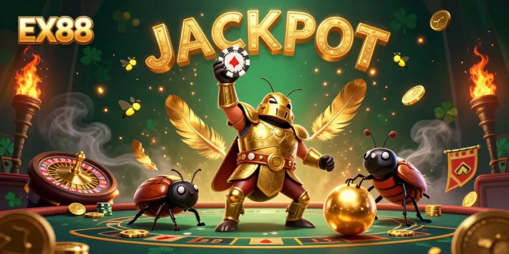 Experience the thrilling victory of EX88 with a gladiator beetle winning at a lively casino.