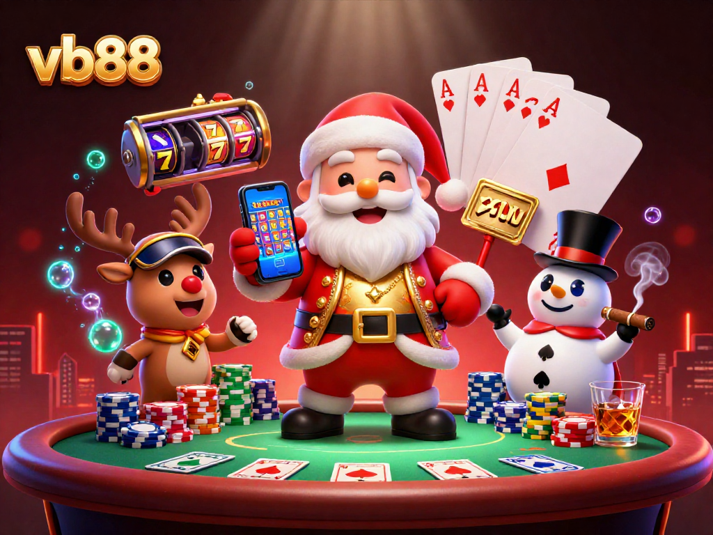Spin the jackpot slots with vb88's festive characters including Santa and his casino friends.