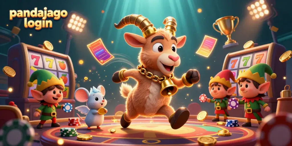 Permainan seru di PANDAJAGO login ditunjukkan dengan elemen kasino yang menarik dan karakter lucu.