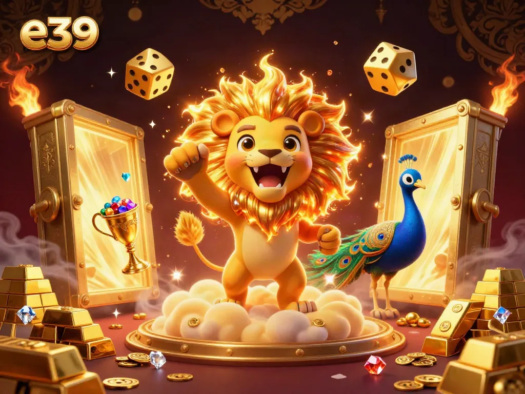 Experience the exhilarating wins at e39 with a roaring lion amidst dazzling casino treasures.