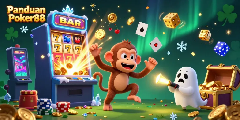 Panduan Poker88 showcases an energetic casino scene with a monkey juggling golden objects and a curious puppy tracking its moves.