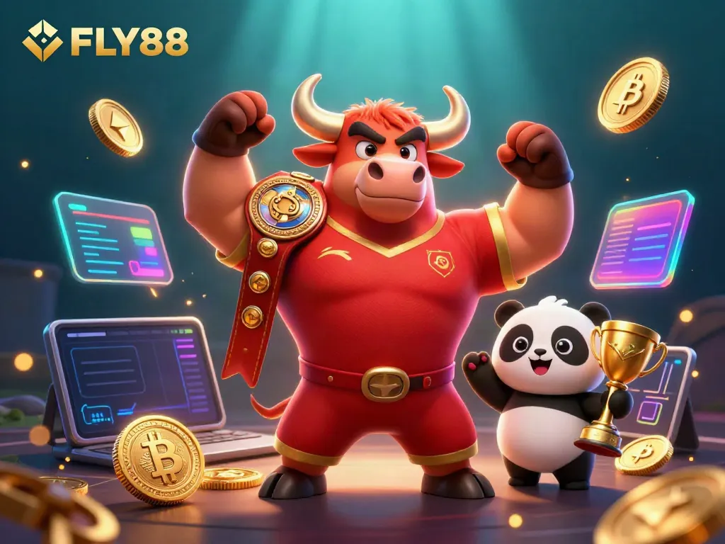 Engage with exhilarating FLY88 gaming action depicted by vibrant characters and crypto elements.