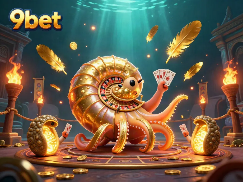 Engage in thrilling gameplay with 9bet at a vibrant casino, featuring a giant nautilus and glowing ammonite companions.