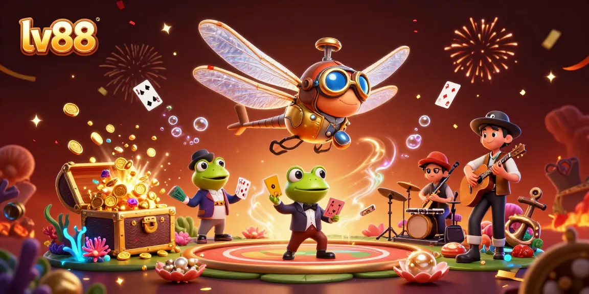 Experience thrilling action at lv88 with a dragonfly pilot and frog croupier amidst a lively casino scene.
