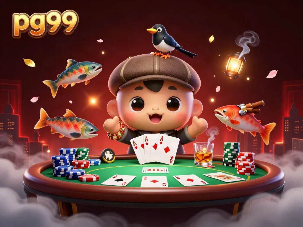 Engage in action at pg99 with vibrant 3D illustration featuring card games and playful characters.