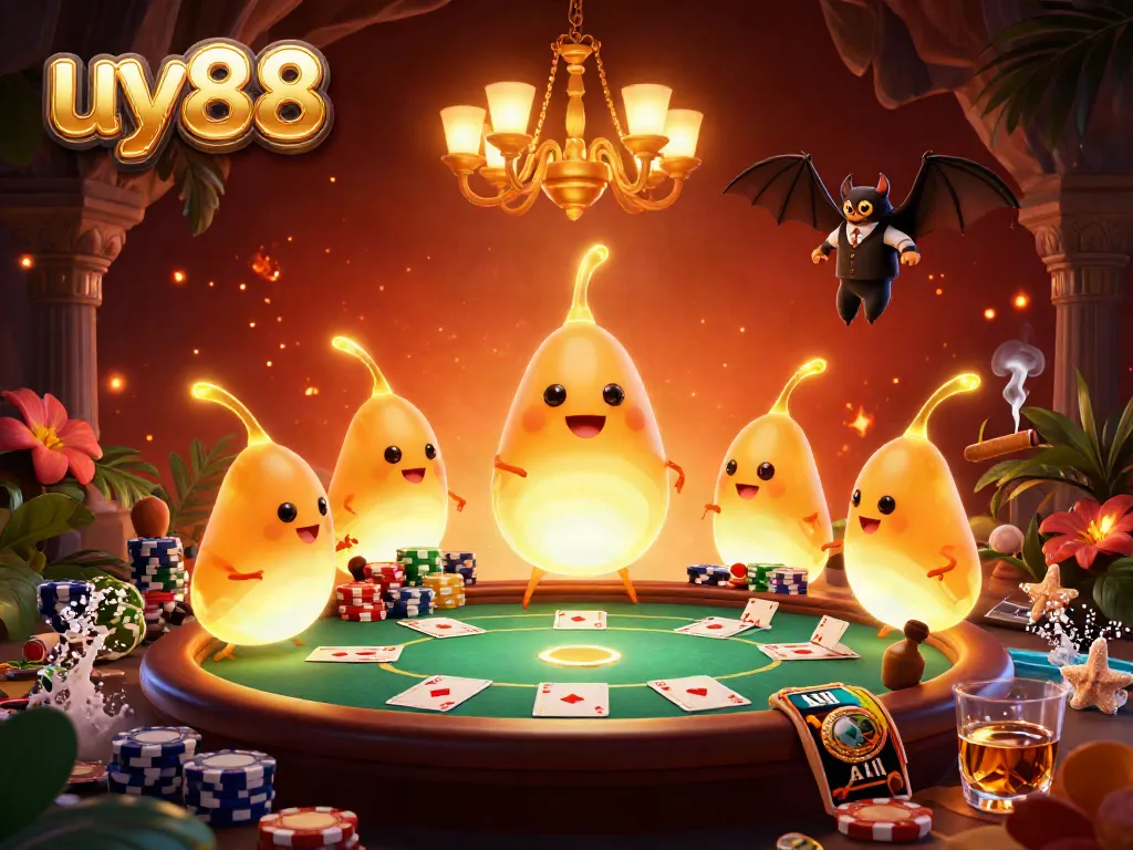Experience the excitement of uy88 with glowworms illuminating a vibrant cave casino, featuring poker elements.
