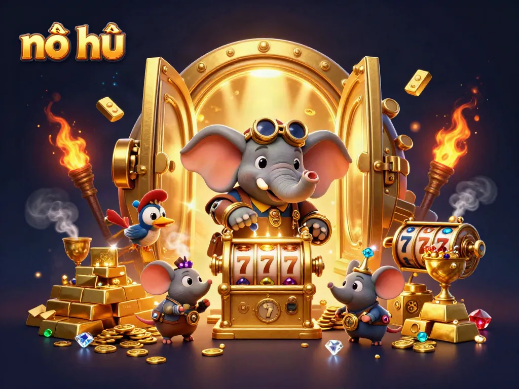 Interact with the nổ hũ slot machine in a vibrant casino scene filled with gold treasures.