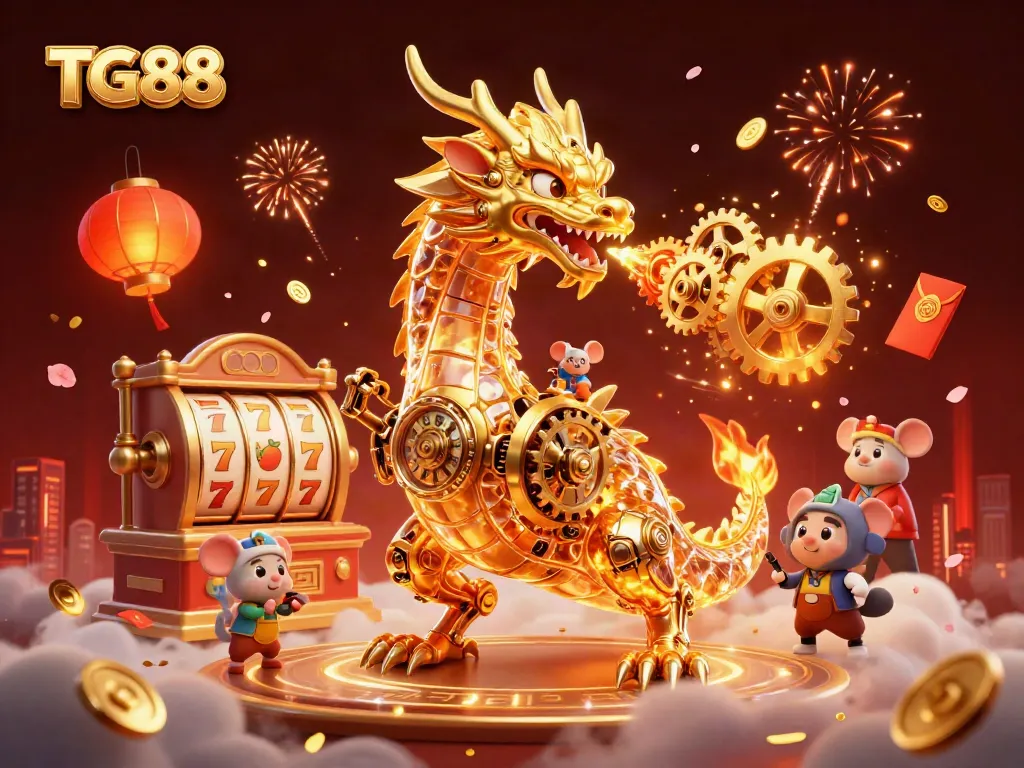 Engage with TG88's dynamic world of gaming through a stunning casino illustration featuring a golden dragon and vibrant slot elements.