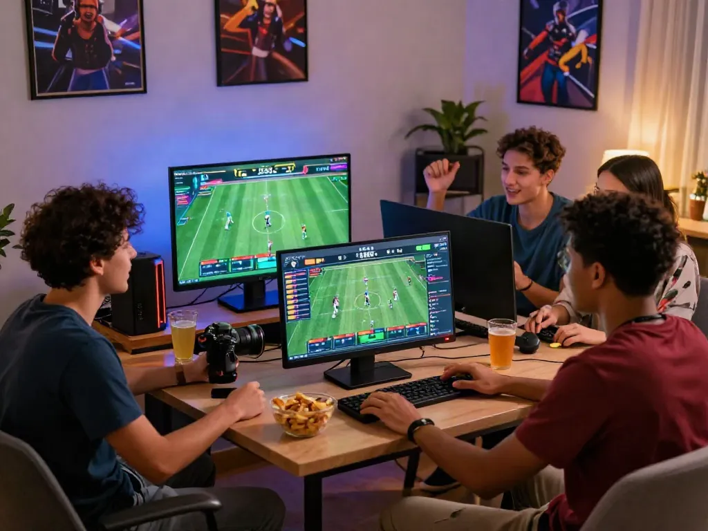 Friends enjoying online gaming at DA88 in a vibrant living room setting.