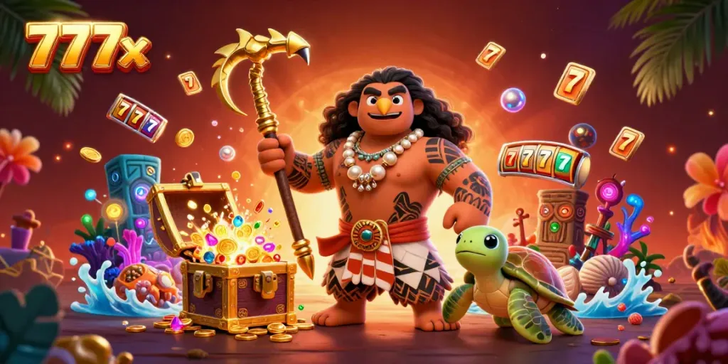 Engage in exciting gameplay at 777x with vibrant characters, treasure, and thrilling casino elements.