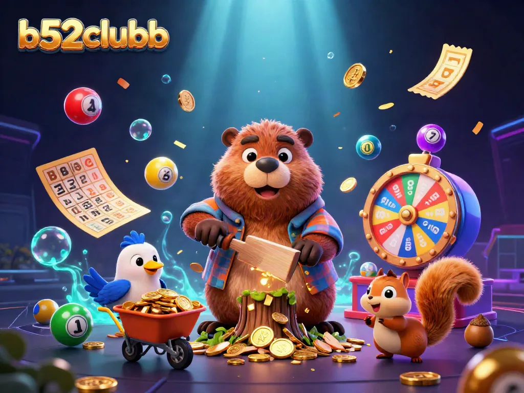 Experience thrilling gameplay with b52clubb amidst a vibrant casino scene featuring winning lottery balls and gold coins.
