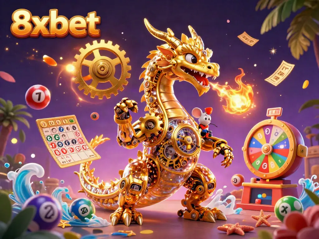 Experience thrilling gameplay at 8xbet with a golden dragon and vibrant lottery elements surrounding it.