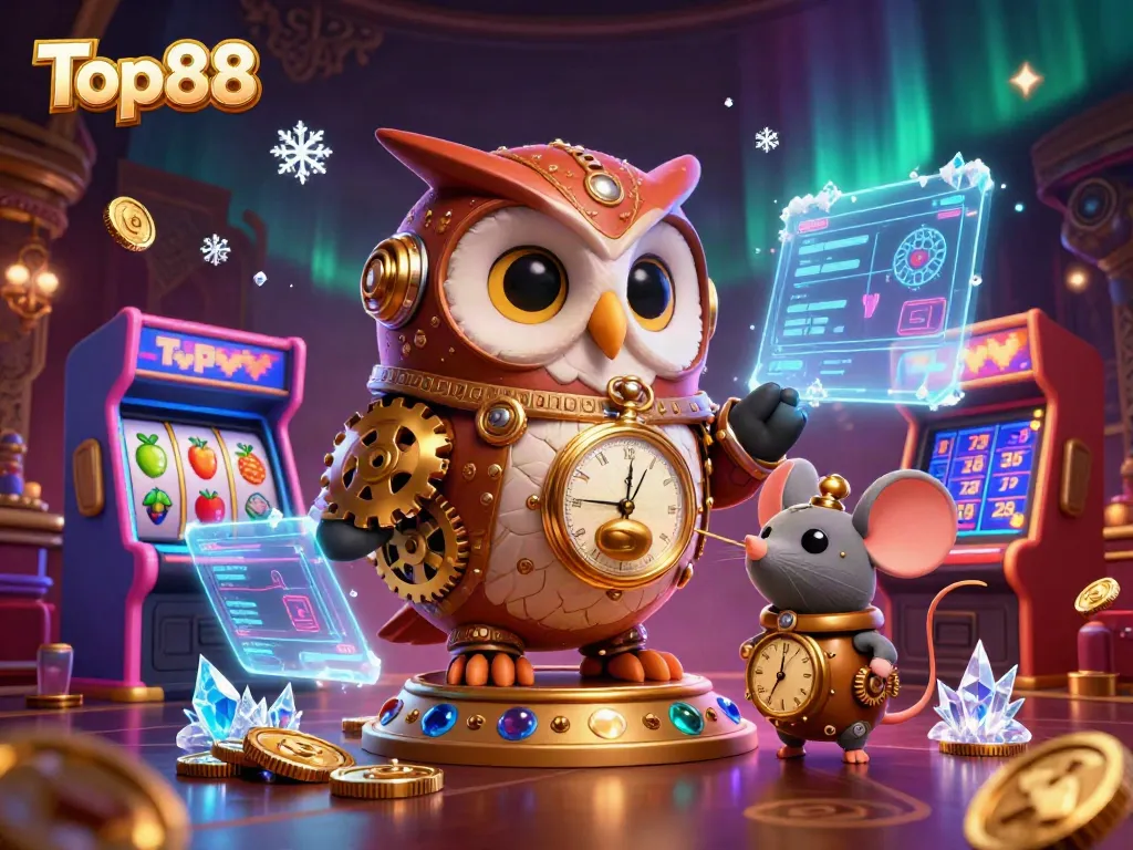 Experience the excitement of Top88 with a time-traveler owl and vibrant casino elements in an ultra-detailed 3D illustration.