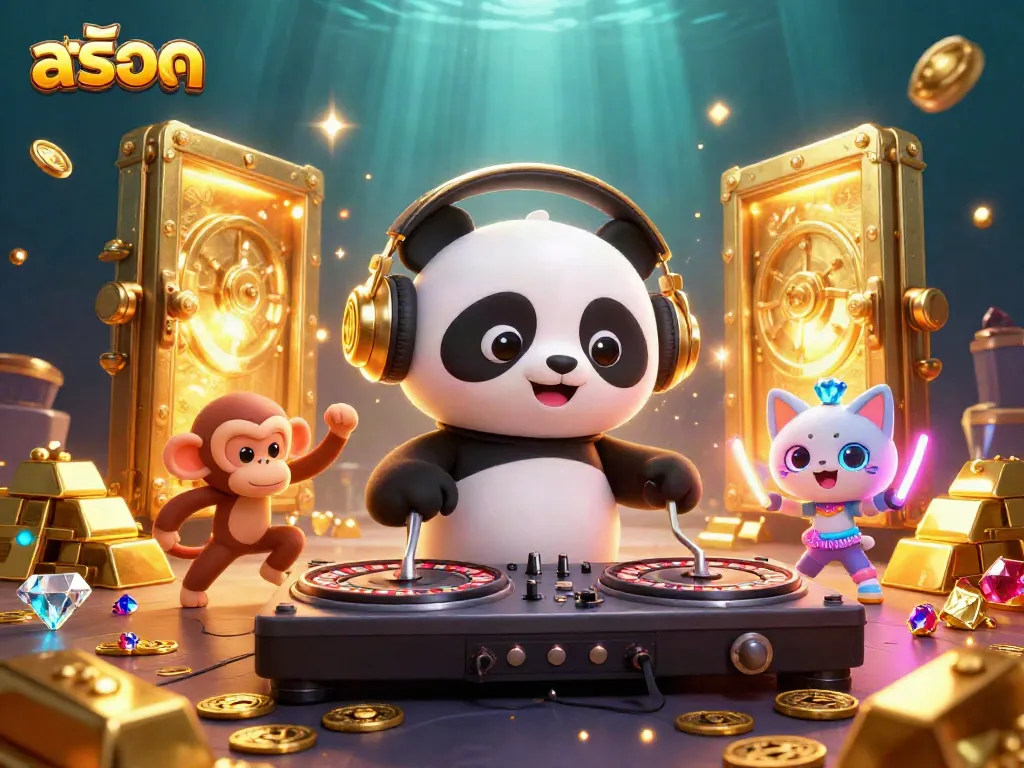 Engaging scene with DJ panda and monkey celebrating สล็อต wins amid glowing treasures.
