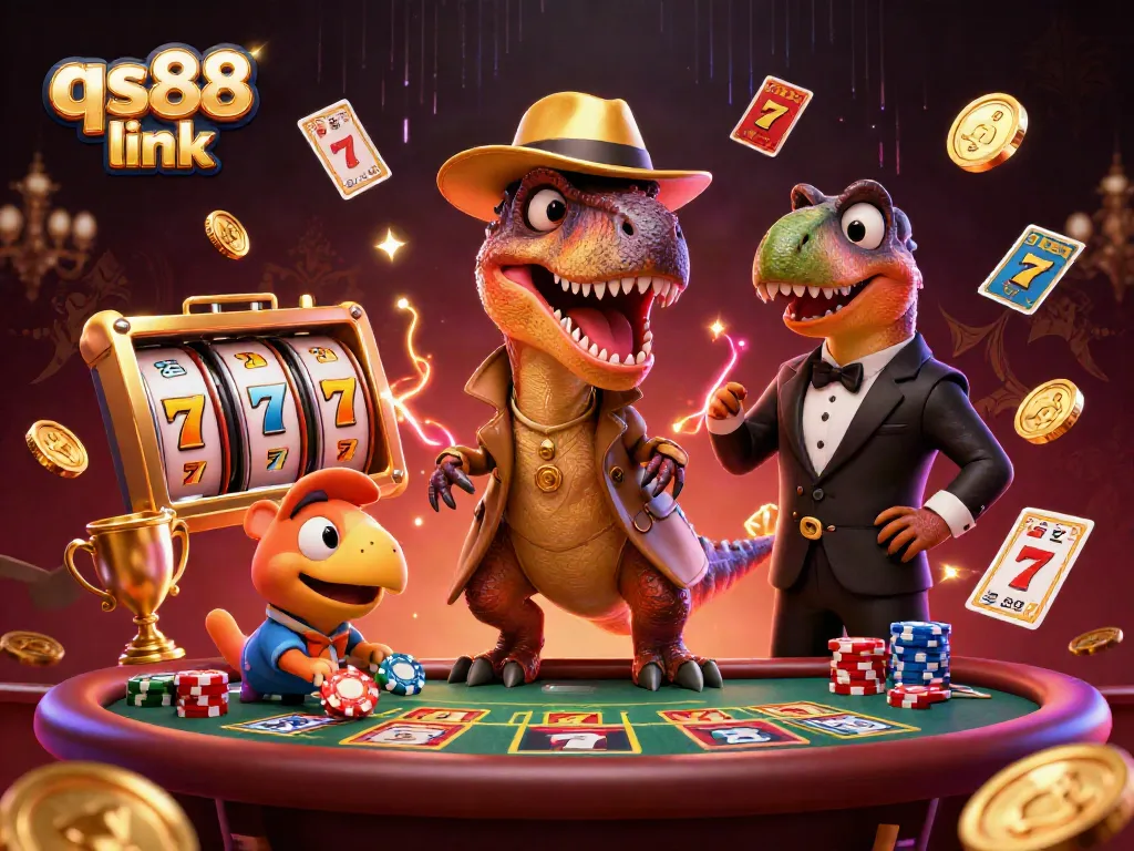 Engage with the qs88 link in an action-packed casino scene featuring 3D cartoon dinosaurs.