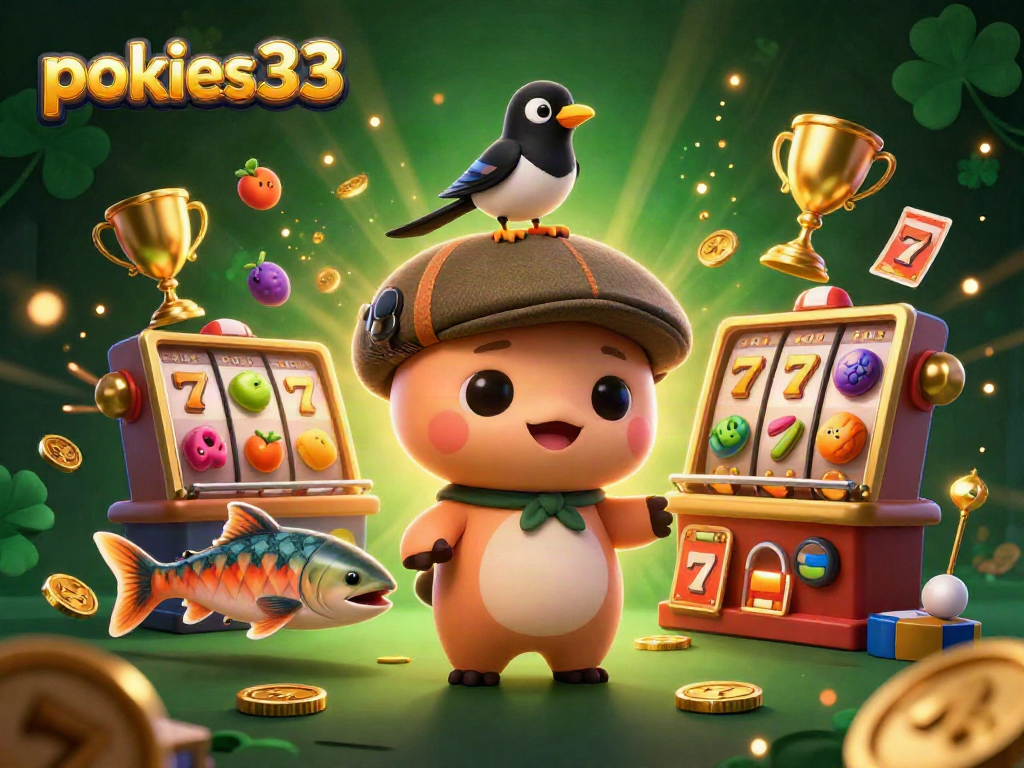 Experience pokies33 gameplay with charming characters in a vibrant 3D casino scene.
