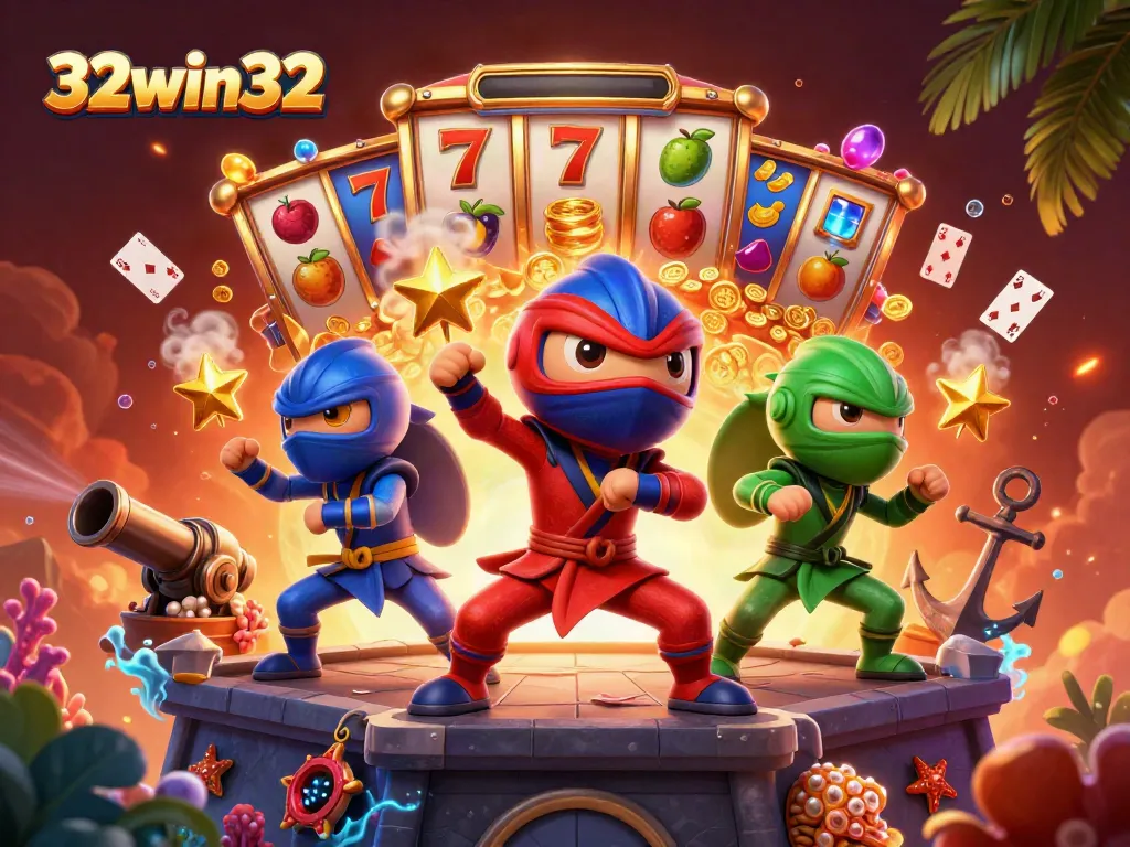 Engage in thrilling gaming with 32win32 featuring ninja chameleons and slot games in vibrant colors.