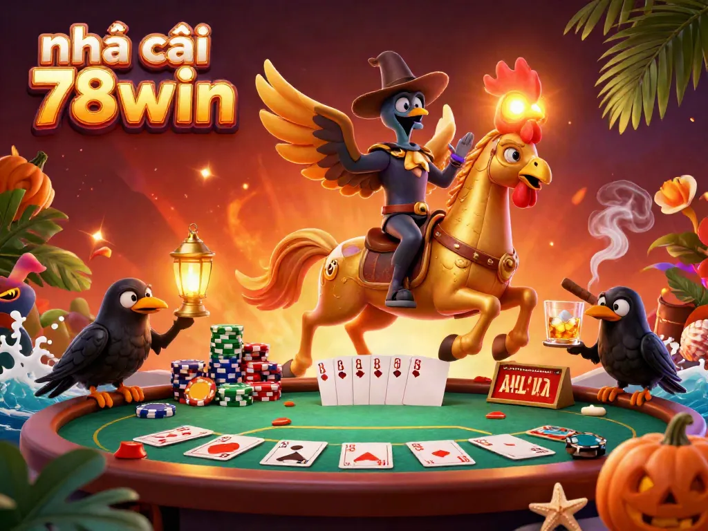 Engaging scene of nhà cái 78win with a golden rooster riding through a casino, showcasing vibrant poker elements.