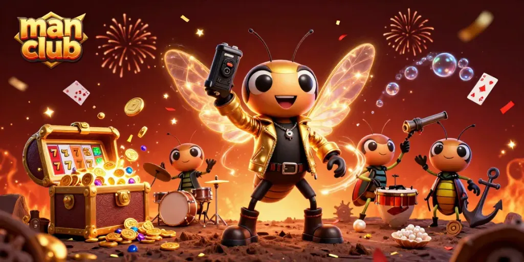 Experience thrilling casino action with Man Club as a rock star cicada emerges surrounded by exciting gaming elements.