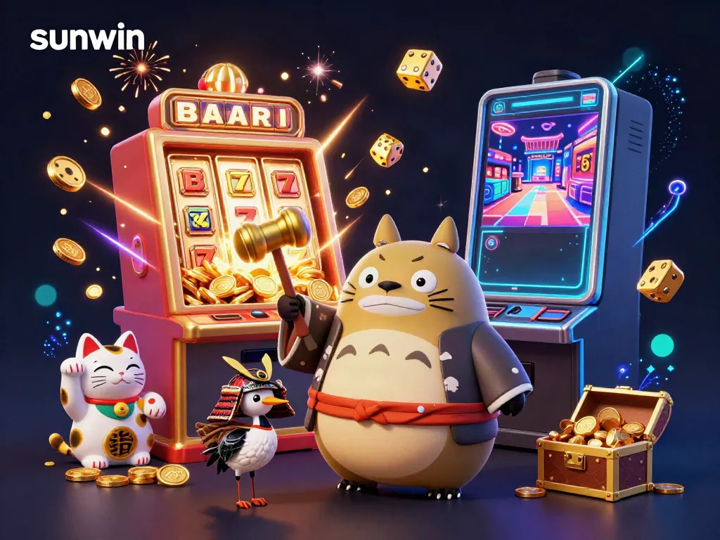 Experience the vibrant sunwin gaming world with cheerful characters and thrilling slot elements in a captivating scene.