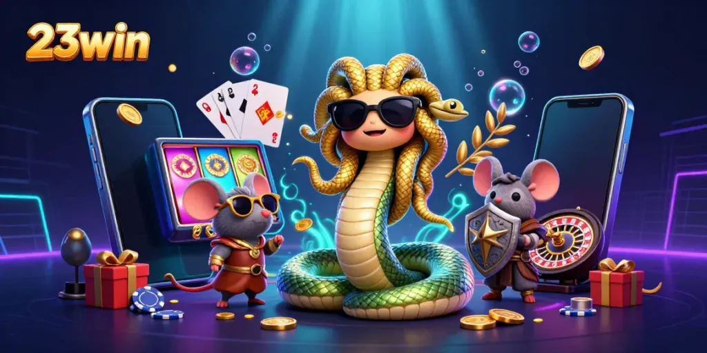Experience thrilling wins at 23win with a captivating scene featuring Medusa and a warrior mouse.