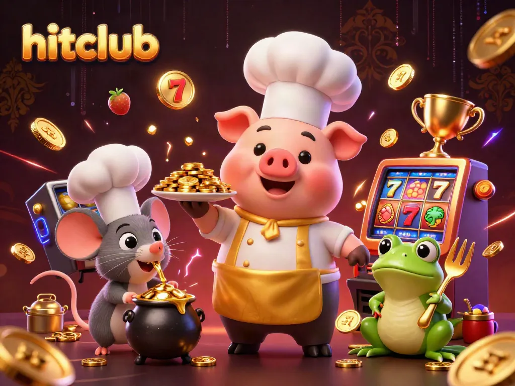 Engage with hitclub’s vibrant gaming scene, showcasing a pig chef preparing gold coins among colorful slot elements.
