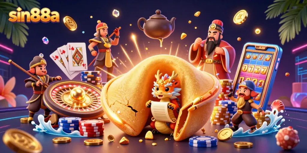 Win big with sin88a in a vibrant 3D casino scene filled with gold coins and exciting games.