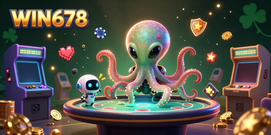 Experience vibrant WIN678 gameplay with alien octopus dealer at a holographic poker table.