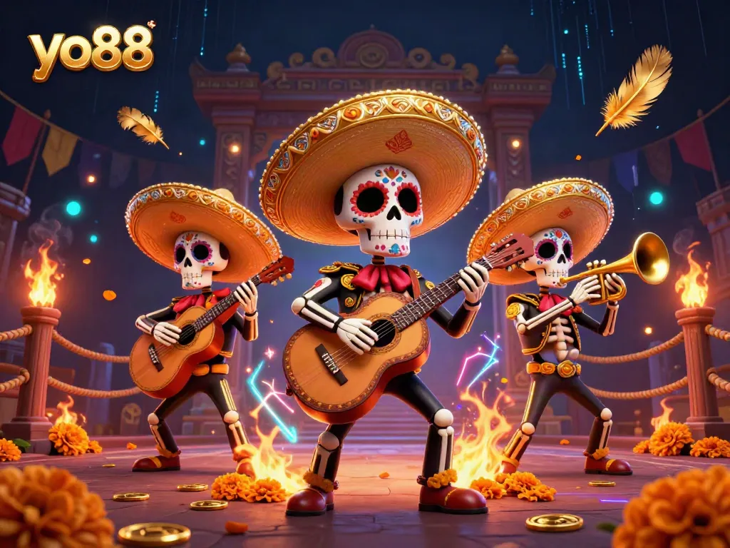 Play exciting games at yo88 with skeleton mariachi band amidst vibrant casino elements.