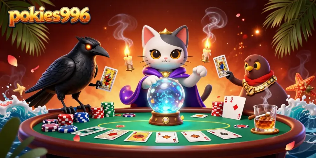 Engage with pokies996 through an exciting game scene featuring poker elements and vibrant characters.