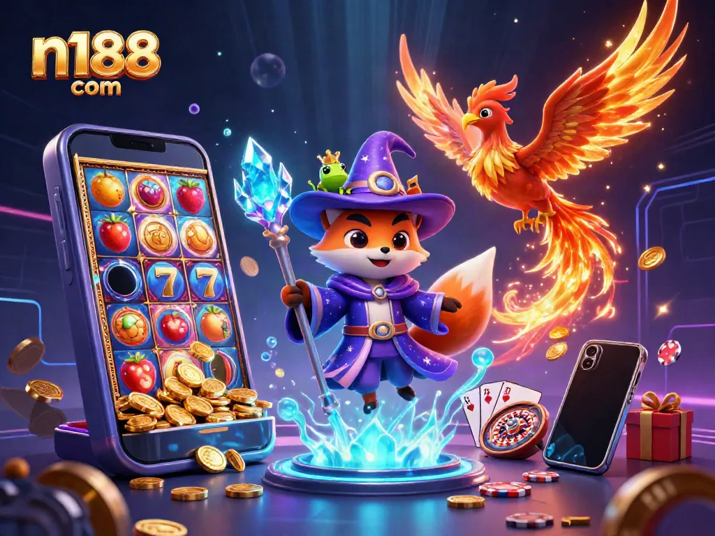 Engage in thrilling gaming with n188 com: A magical scene featuring a wizard fox, phoenix, and casino elements.
