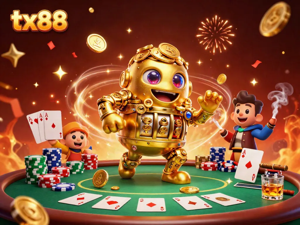 Engage with tx88's vibrant casino scene featuring a golden golem and lively poker elements.