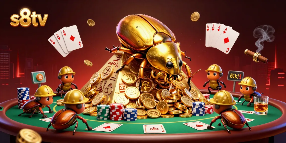 S8TV features a cartoon golden beetle symbolizing sports betting excitement in an engaging casino scene.