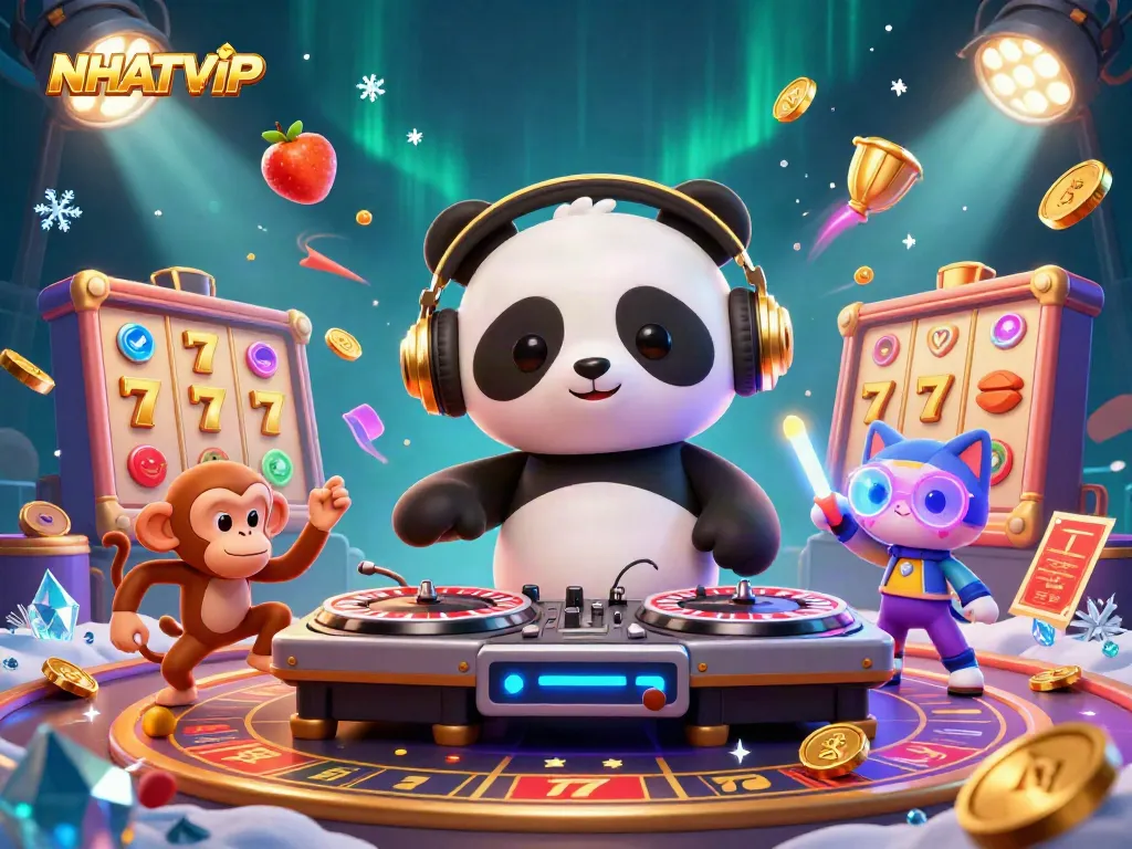 Engage with NHATVIP's thrilling slot game scene featuring playful 3D characters amidst an animated casino environment.